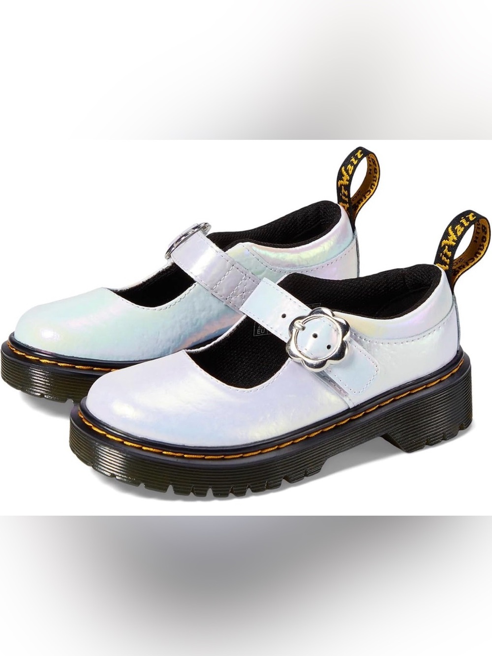Dr. Martens Iridescent White Mary Jane Shoes with Black Lug Sole